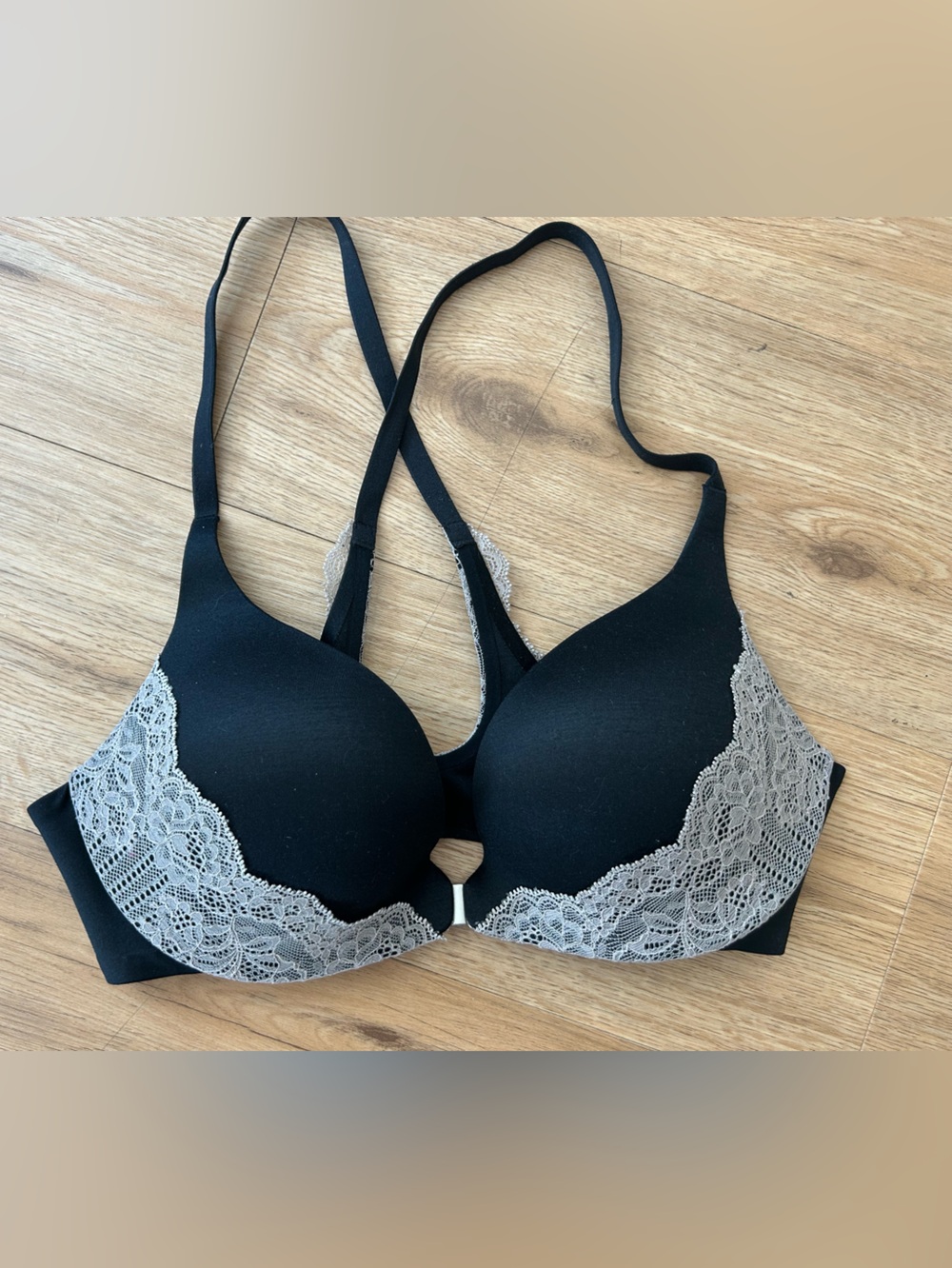 Victoria's Secret Black Bra Light Gray Lace Front Close Racerback Push Up Bra